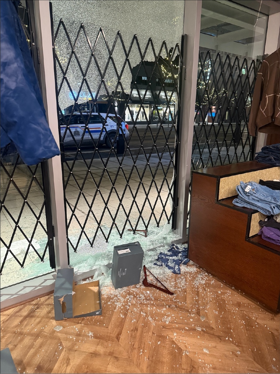 Broken glass and damage inside Gallery Streetwear after the January 2026 break-in